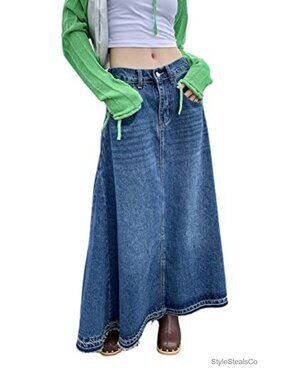 Womens High Waist A-Line Maxi Long Denim Jean Skirt Raw Hem